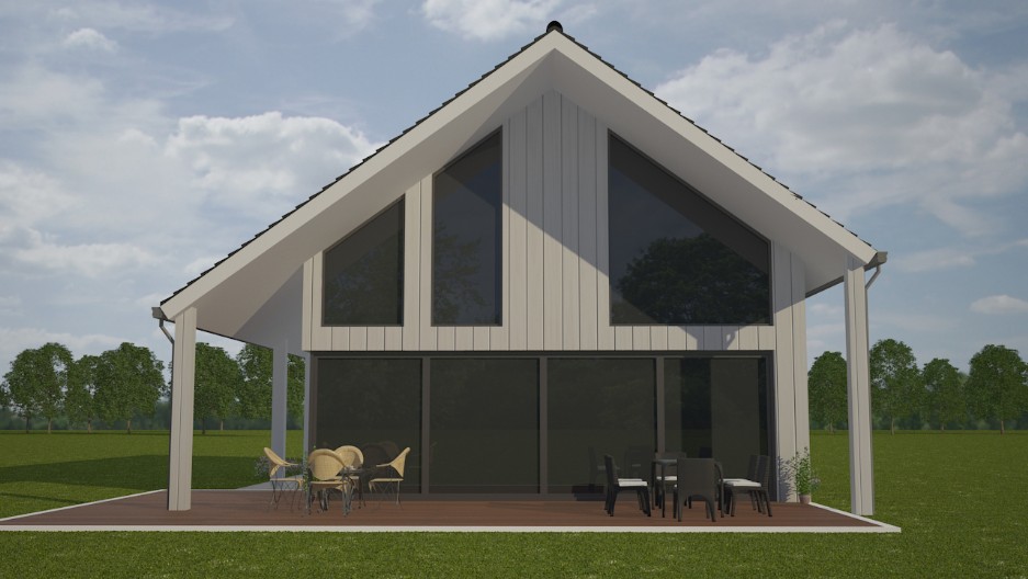 Mc-Home.nl K18 v1 modern landhuis schuurwoning met veel glas en kap energieneutraal  aardbevingsbestendig staalframebouw