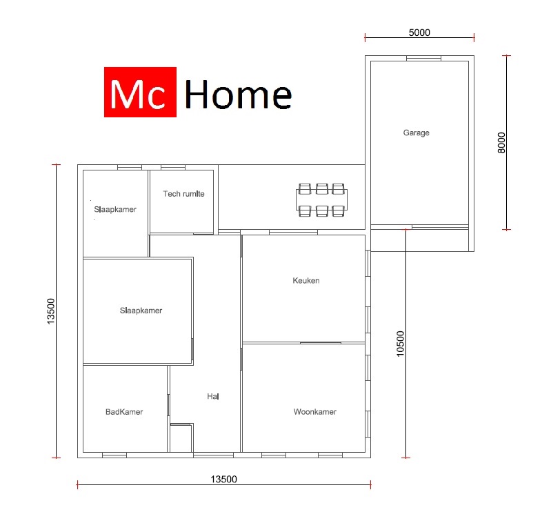 Mc-Home B 132 V1plattegrond indeling bungalow met plat dak levensloopbestendig rolstoelvriendelijk 