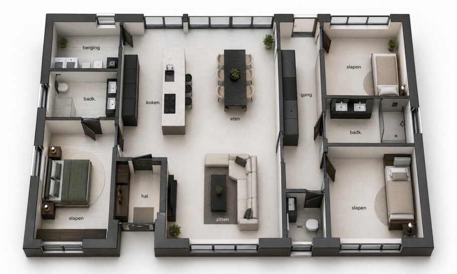 McHome B 198 bungalow plat dak type met 3 slaapkamers staalframebouw Nederland