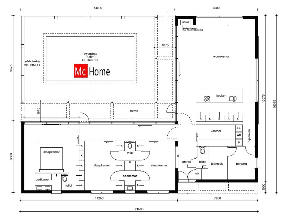 Mc-Home.nl vrijstaande moderne nieuwe bungalow met plat dak ontwerpen en bouwen B33 