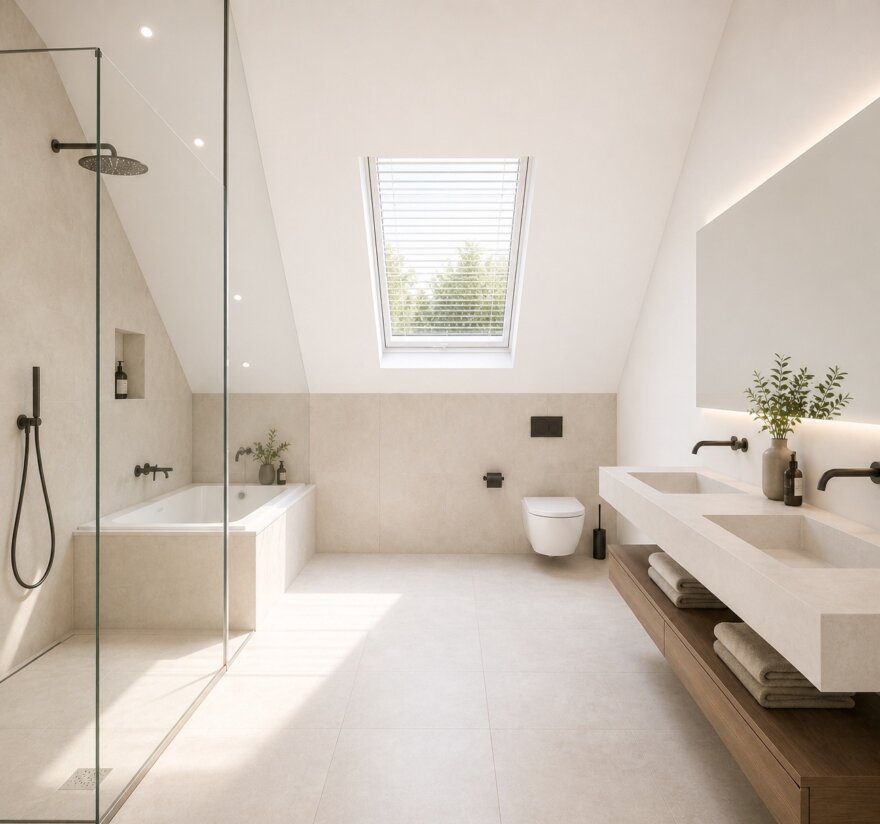 Moderne schuurwoning met kap in staalframebouw met witte gevels, donkere dakbedekking, grote raampartijen en overdekt terras in een groene tuinomgeving.