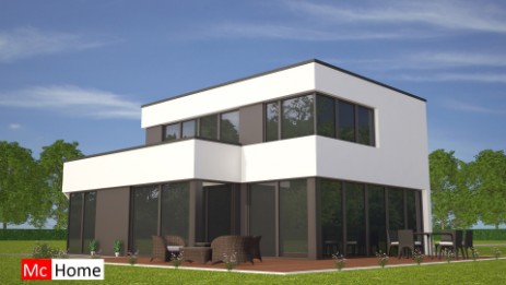 moderne woningontwerpen bij Mc-Home.nl strakke kubistische woningen en villa's onder architectuur gebouwd in prefab staalframebouw  