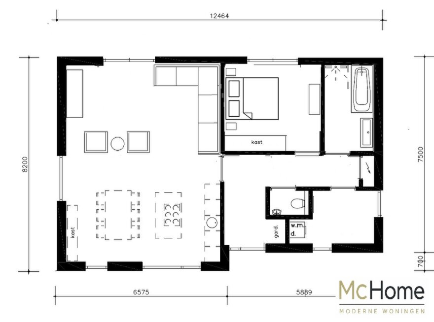 Indelingen voor bungalow B154 met plat dak en prefab staalframebouw constructie