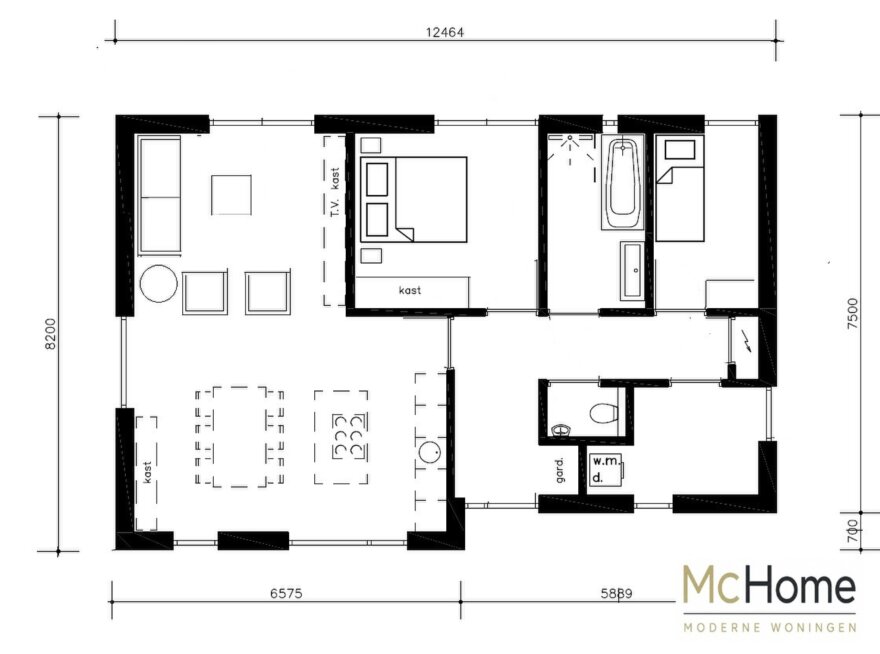 Indelingen voor bungalow B154 met plat dak en prefab staalframebouw constructie