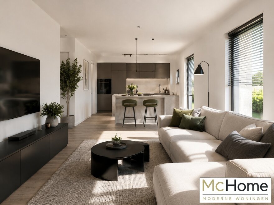 Interieur inspiratie voor bungalow B154 met plat dak en prefab staalframebouw constructie