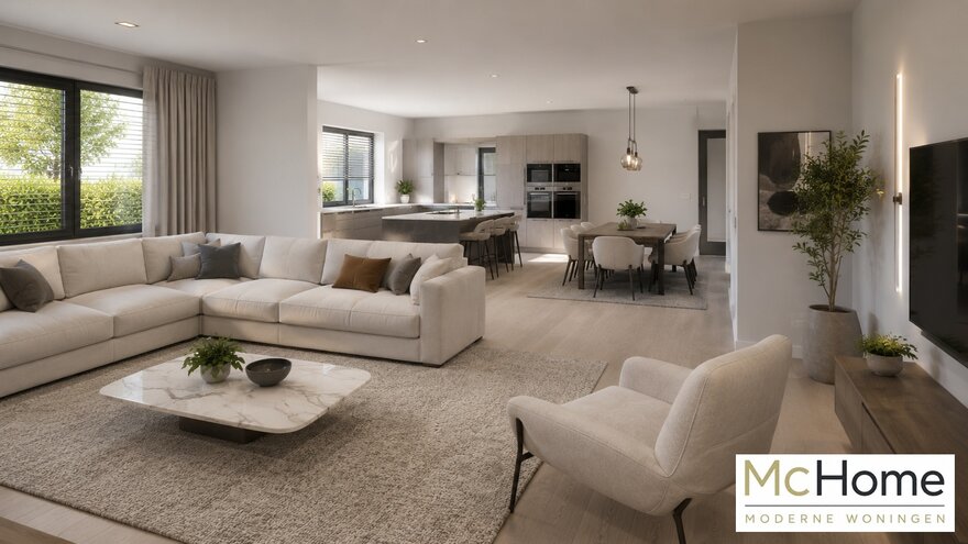 Interieur inspiratie voor bungalow B154 met plat dak en prefab staalframebouw constructie