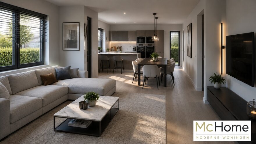 Interieur inspiratie voor bungalow B154 met plat dak en prefab staalframebouw constructie