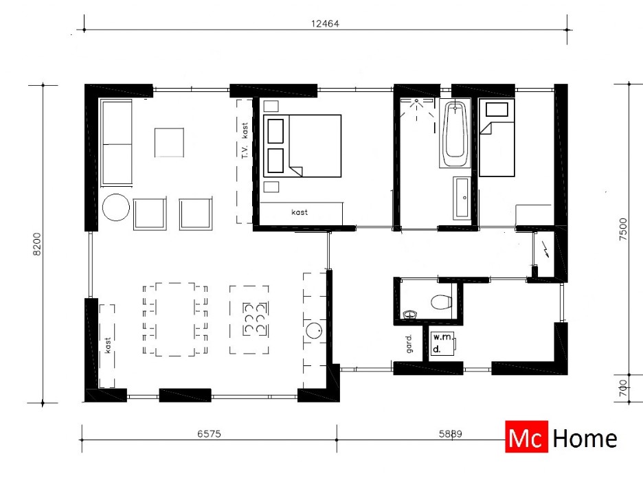 Kleine vrijstaande bungalow met plat dak 2 slaapkamers Mc-Home B 154 ATLANTA MBS Steelframe 