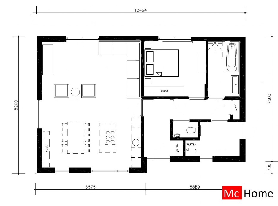 Kleine vrijstaande bungalow met plat dak 2 slaapkamers Mc-Home B 154 ATLANTA MBS Steelframe 