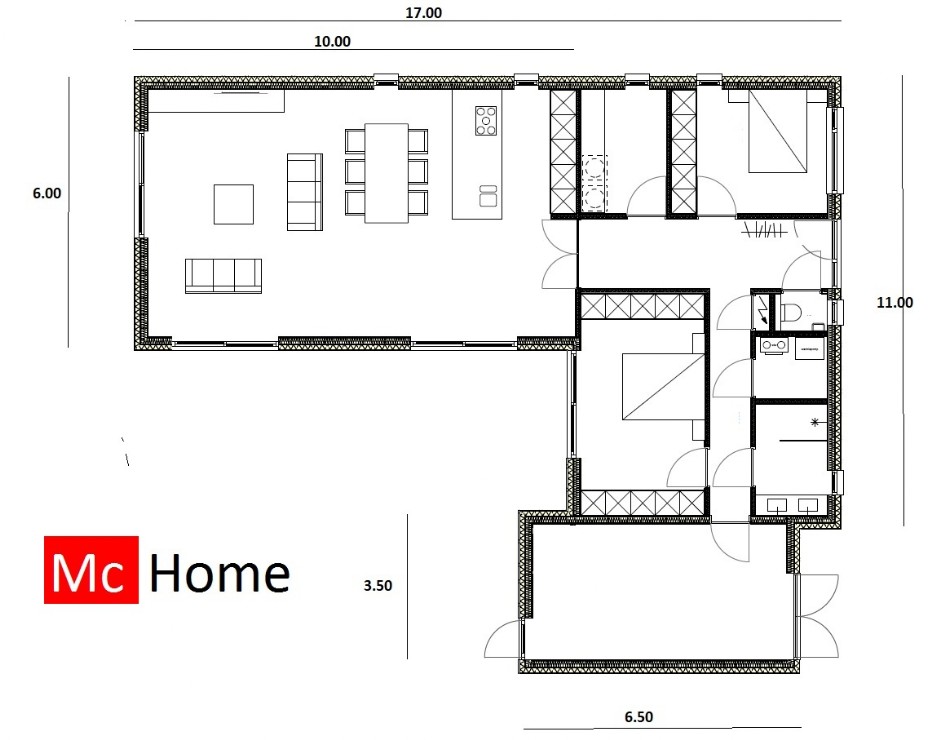 Mc-Home ATLANTA MBS staalframebouwB178 bungalow met plat dak en grote berging