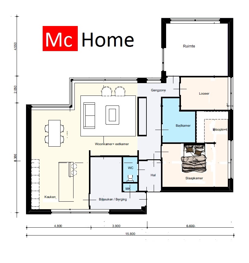 Mc-Home B115 platte bungalow met slaapkamer badkamer levenloopbestendig  ATLANTA staalframebouw