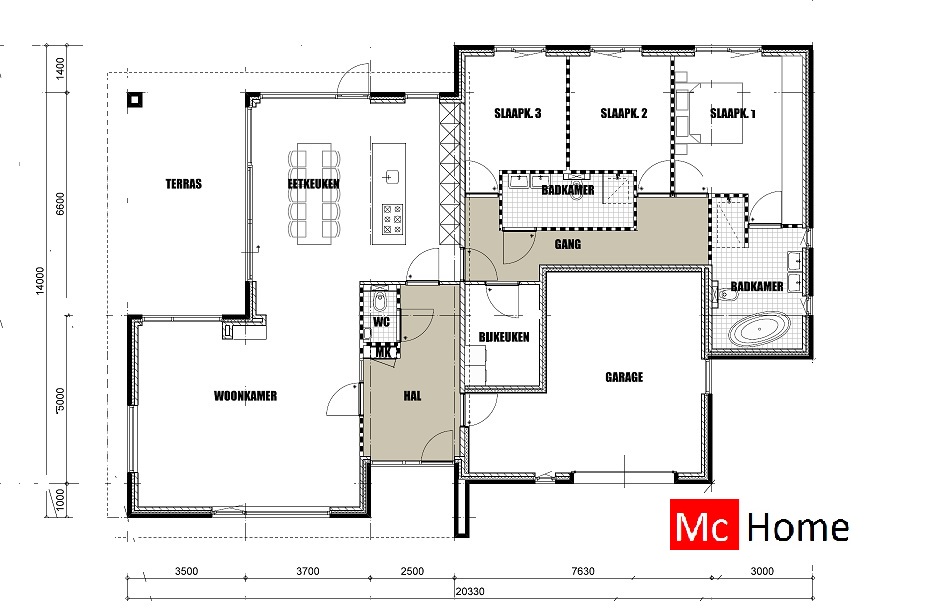 Mc-Home B143 bungalow met verhoogde woonkamer overdekt terras ATLANTA MBS staalframebouw