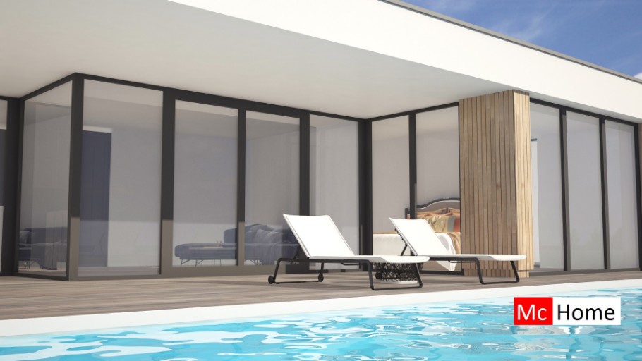 Mc-Home B144 moderne bungalow veel glas overdekt terras  Staalframebouw Nederland