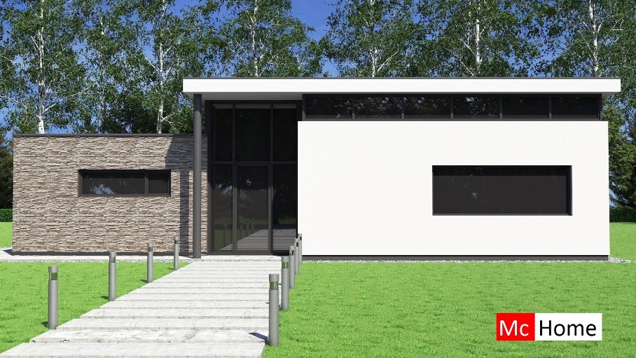 Mc-Home B155 levensloopbestendig modern hoog plafond glas en  natuursteen staalframebouw Nederland