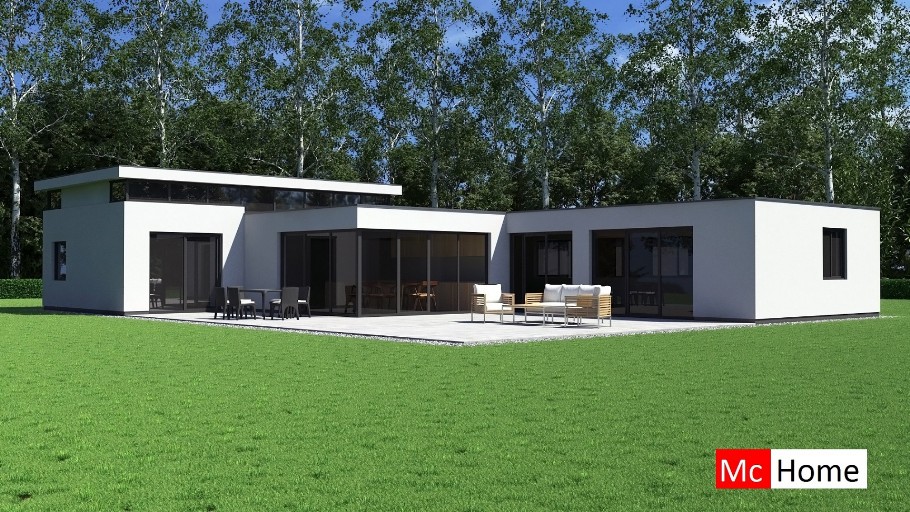 Mc-Home B155 levensloopbestendig modern hoog plafond glas en  natuursteen staalframebouw Nederland