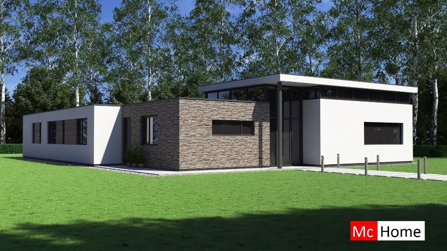 Mc-Home B155 levensloopbestendig modern hoog plafond glas en  natuursteen staalframebouw Nederland