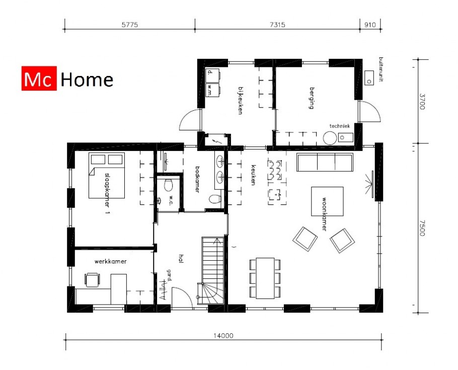 Mc-Home B185 v2 bungalow levensloopbestendig e-neutraal onderhoudsarm met hellend dak