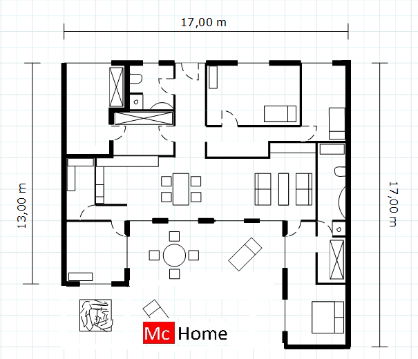 Mc-Home Bungalow B2 v1 gelijksvloers aardbevingbestendig energieneutraal staalframebouw