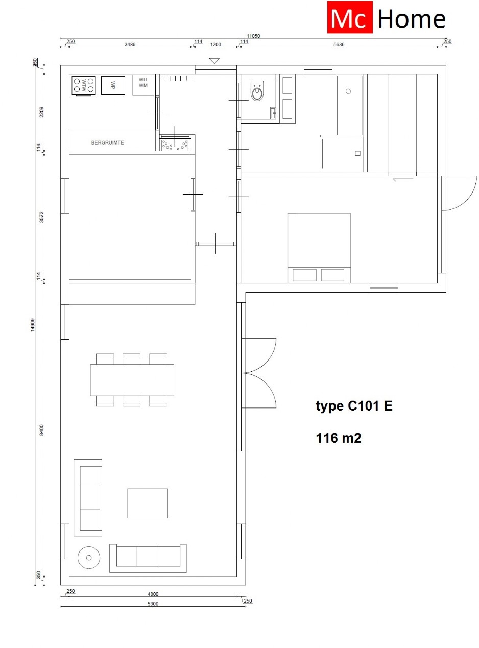 Mc-Home C101 L vorm type bungalow levensloopbestendig in diverse afmetingen 