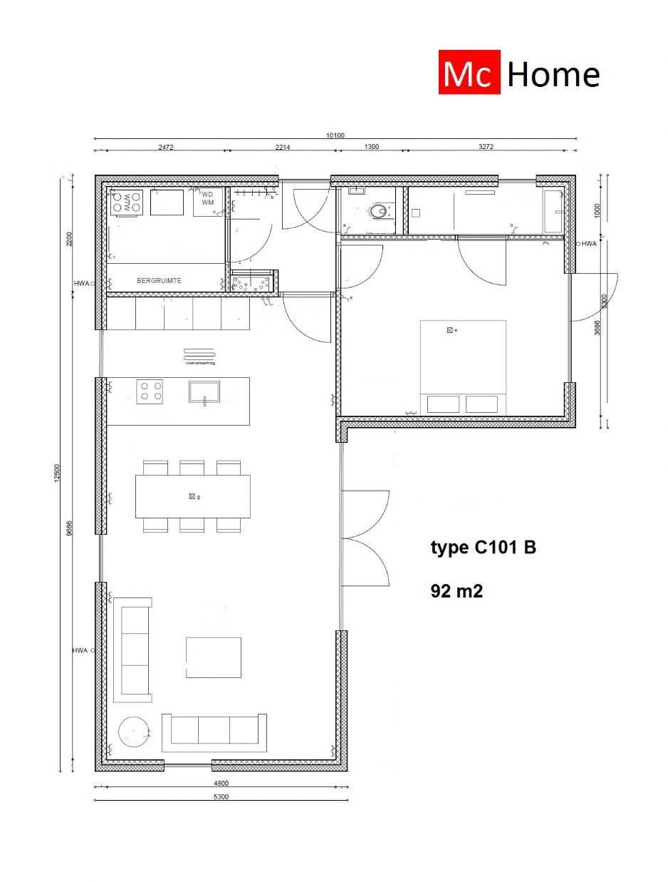 Mc-Home C101 L vorm type bungalow levensloopbestendig in diverse afmetingen 