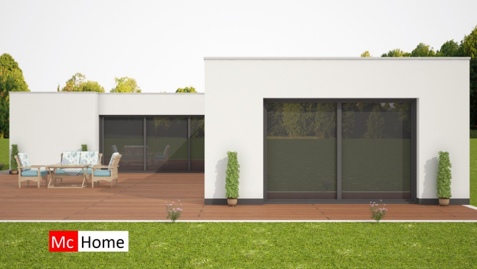 Mc-Home Ruime bungalow met plat dakin moderne houtskelet staalframe bouw energieneutraal type 79