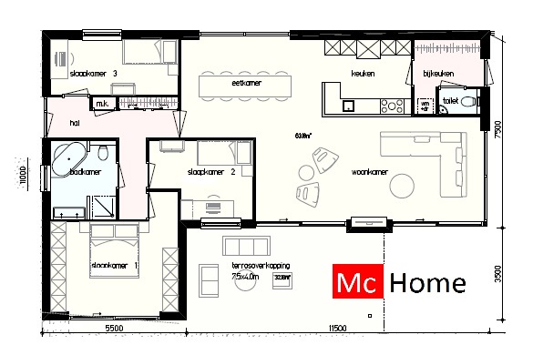 Mc-Home bungalow tye B91 levensloopbestendig onderhoudsarm energieneutraal staalframebouw 