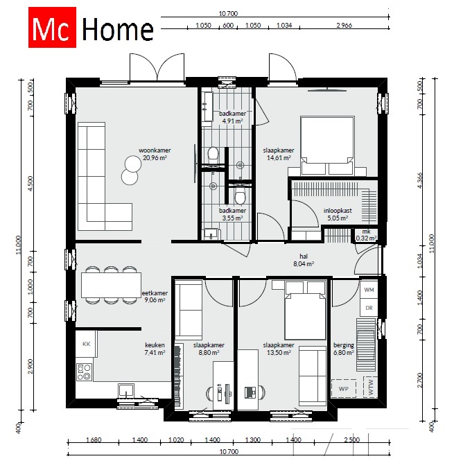 Mc-Home kleine bungalow alles gelijkvloers plat dak energiearm B60