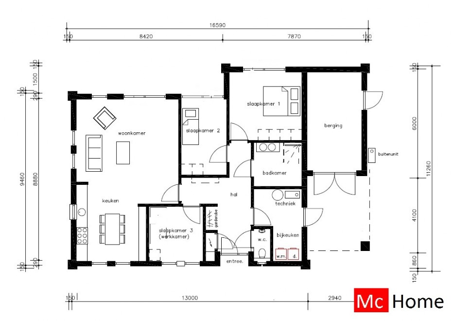 Mc-Home ontwerp B157 platdak bungalow bouwen vanaf 250.000 ATLANTA MBS staalframe