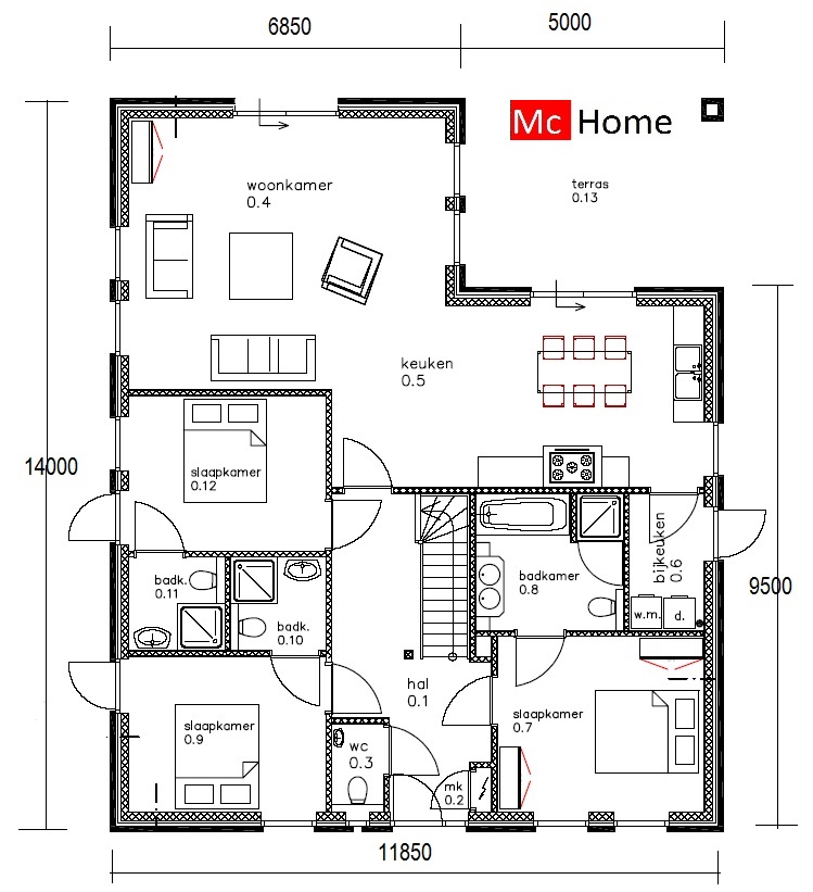 Mc-Home.nl B11 bungalow of eenlaagse woning bouwen en ontwerpen energieneutraal huis in staalframebouw of houtskelet aardbevingsbestendig