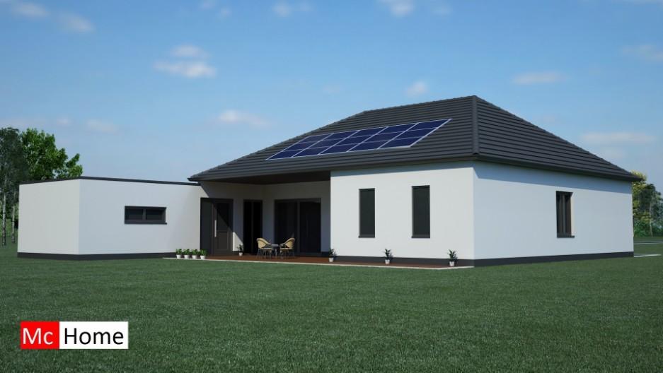Mc-Home.nl B12 aardbevingsbestendige energieneutrale bungalow met kap en overdekt terras staalframebouw