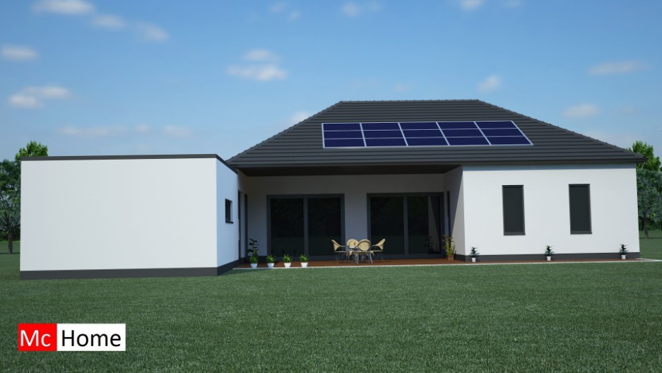 Mc-Home.nl B12 aardbevingsbestendige energieneutrale bungalow met kap en overdekt terras staalframebouw