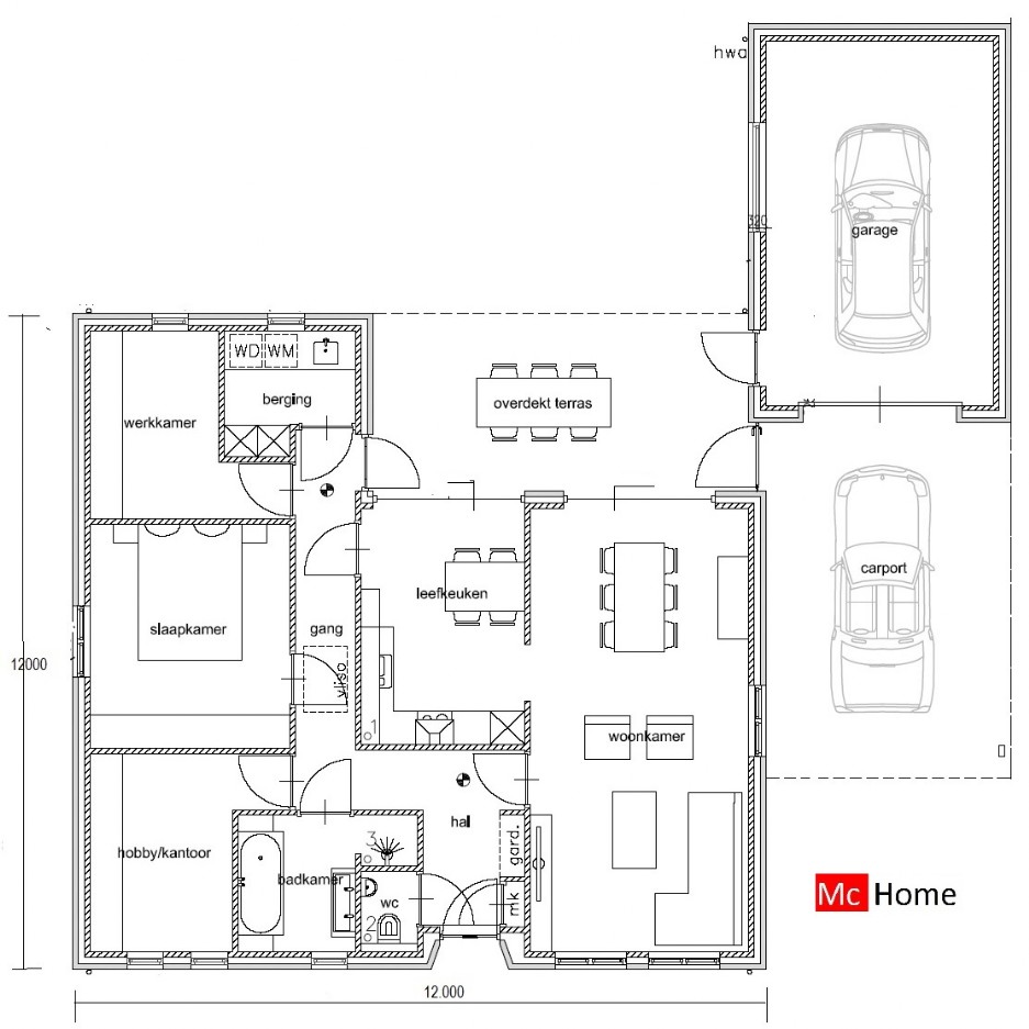 Mc-Home.nl B12 aardbevingsbestendige energieneutrale bungalow met kap en overdekt terras staalframebouw