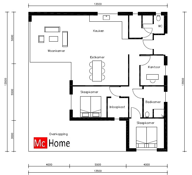 Mc-Home.nl B22 moderne bungalow levensloopbestendige woning bouwen met groot overdekt terras staalframebouw 