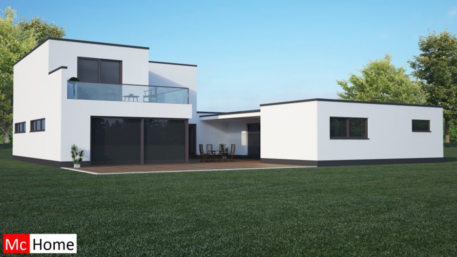 Mc-Home.nl M 53 moderne woning levensloopbestendig met kleine gastenverdieping patio en overdekt terras. Aarbevingsbestendig passief in staalframebouw 