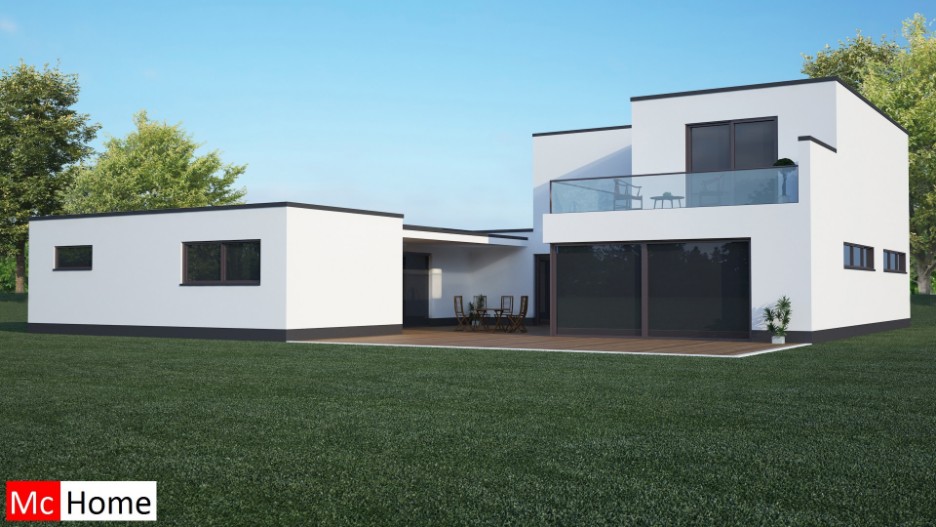 Mc-Home.nl M 53 moderne woning levensloopbestendig met kleine gastenverdieping patio en overdekt terras. Aarbevingsbestendig passief in staalframebouw 