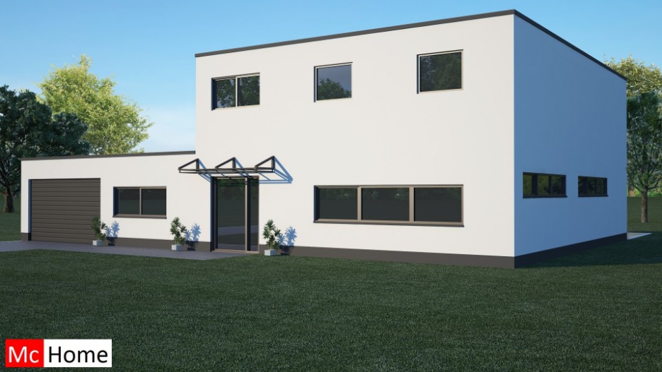 Mc-Home.nl M 53 moderne woning levensloopbestendig met kleine gastenverdieping patio en overdekt terras. Aarbevingsbestendig passief in staalframebouw 