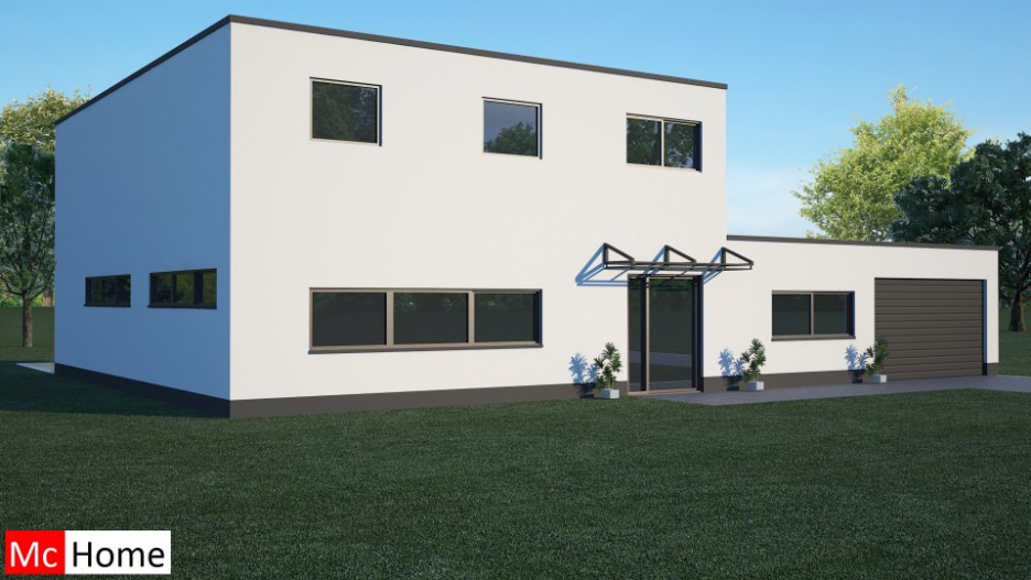 Mc-Home.nl M 53 moderne woning levensloopbestendig met kleine gastenverdieping patio en overdekt terras. Aarbevingsbestendig passief in staalframebouw 