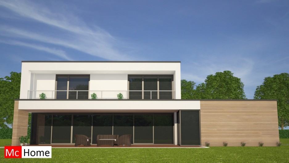 Mc-Home.nl architectuur kubistische woning M62 v2 dakterras gevelstuc flagstones natuursteen grote inpandige garage staalframebouw 
