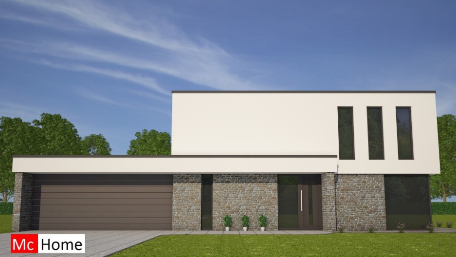 Mc-Home.nl architectuur kubistische woning M62 v2 dakterras pleisterwerk gevelstuuk natuursteen grote garage staalframebouw 