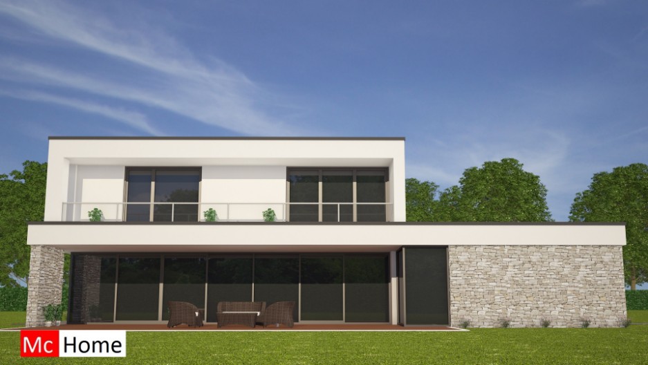 Mc-Home.nl architectuur kubistische woning M62 v2 dakterras gevelstuc flagstones natuursteen grote inpandige garage staalframebouw 