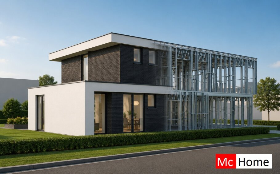 het plaatje toont een woning of gebouw met de staalframebouw constructie deels zichtbaar
