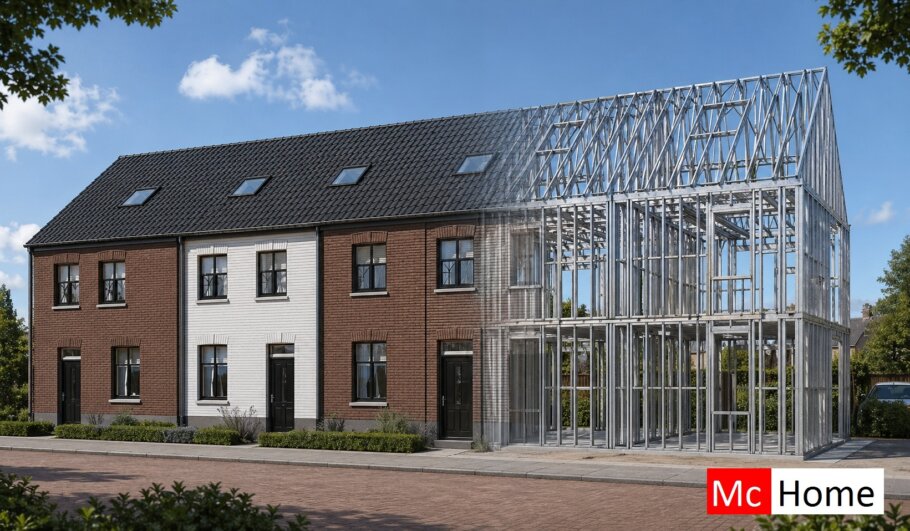 het plaatje toont een woning of gebouw met de staalframebouw constructie deels zichtbaar