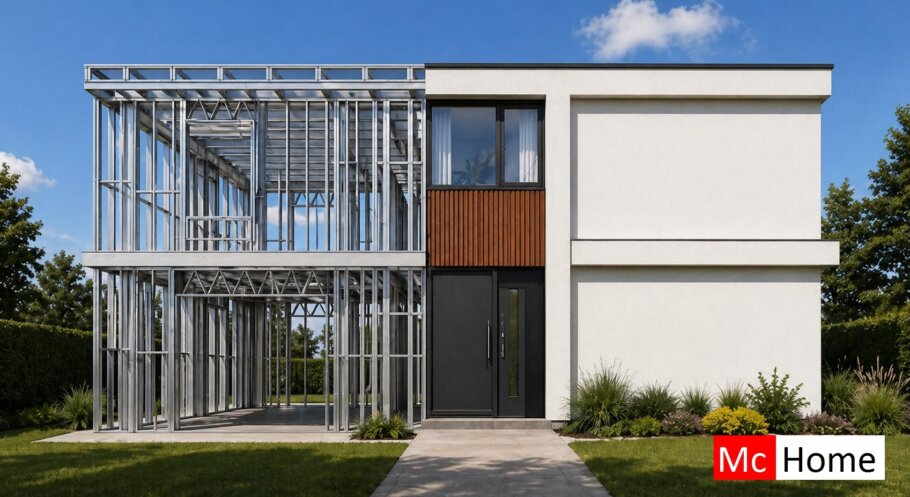 het plaatje toont een woning of gebouw met de staalframebouw constructie deels zichtbaar