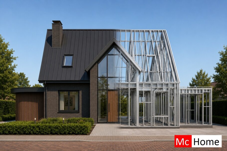het plaatje toont een woning of gebouw met de staalframebouw constructie deels zichtbaar