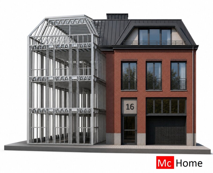 het plaatje toont een woning of gebouw met de staalframebouw constructie deels zichtbaar