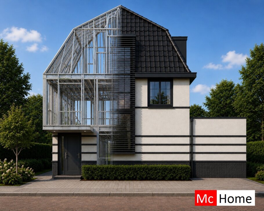 het plaatje toont een woning of gebouw met de staalframebouw constructie deels zichtbaar