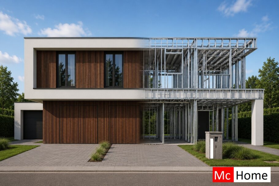 het plaatje toont een woning of gebouw met de staalframebouw constructie deels zichtbaar