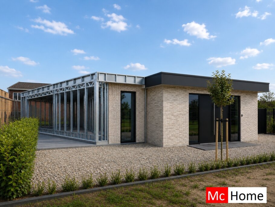 het plaatje toont een woning of gebouw met de staalframebouw constructie deels zichtbaar