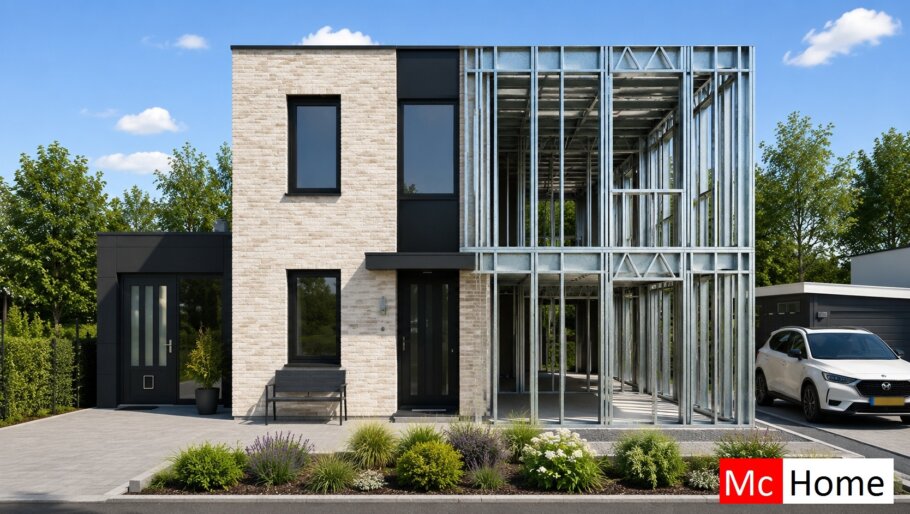 het plaatje toont een woning of gebouw met de staalframebouw constructie deels zichtbaar