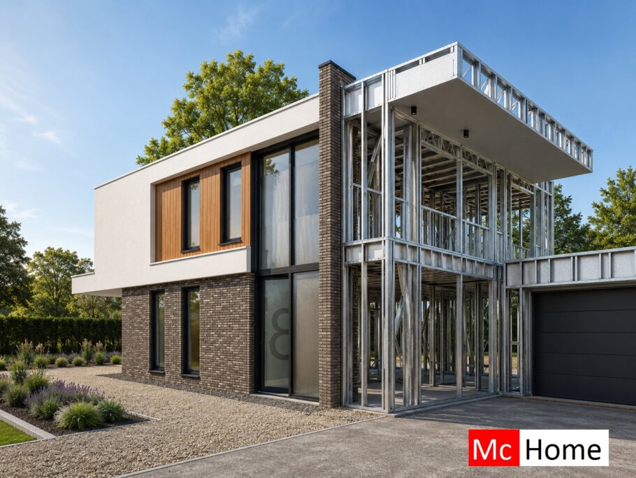het plaatje toont een woning of gebouw met de staalframebouw constructie deels zichtbaar